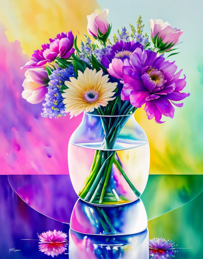 Colorful Flower Bouquet in Reflective Vase on Pastel Watercolor Background