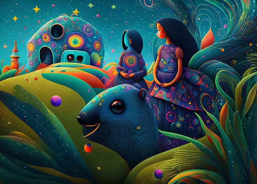 Colorful illustration of person, rabbit, and bear in whimsical landscape