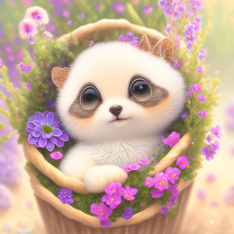 Illustrated puppy in wicker basket with expressive eyes and purple flowers