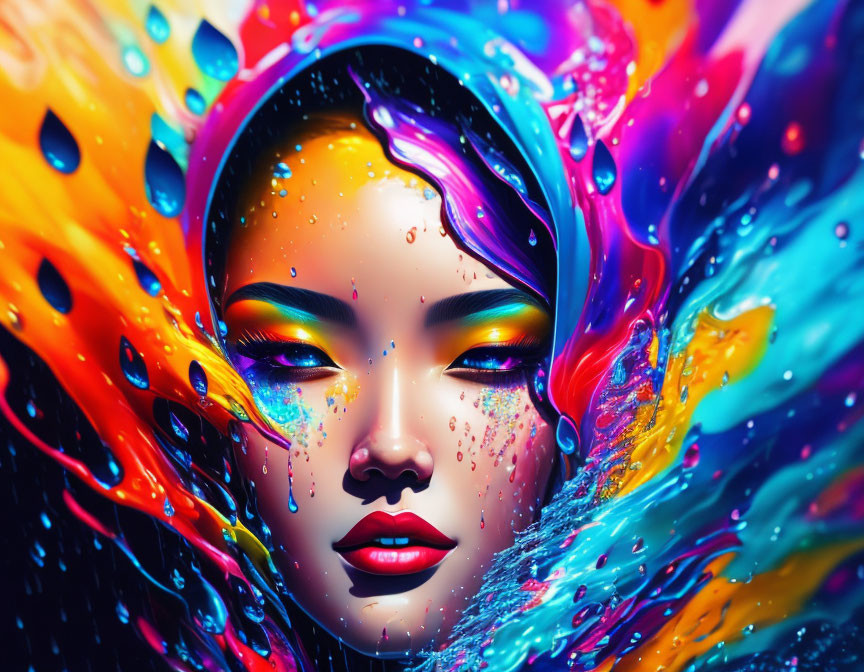 Colorful Digital Artwork: Woman's Face with Paint Swirls