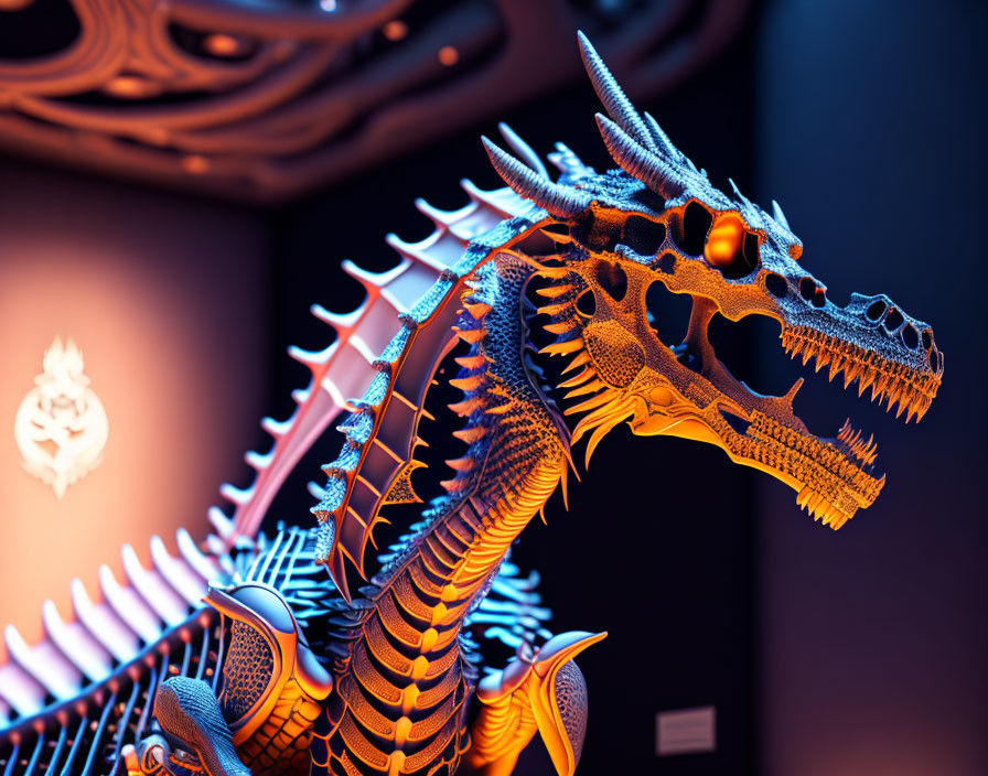 Detailed Dragon Sculpture with Glowing Orange Eyes on Dark Background