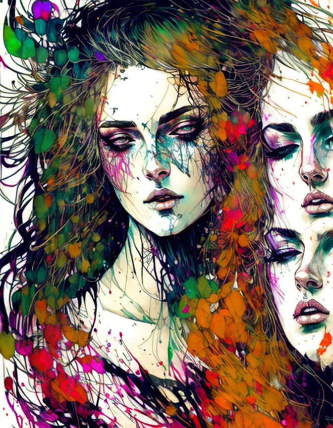 Vibrant multicolored female faces illustration with paint splashes