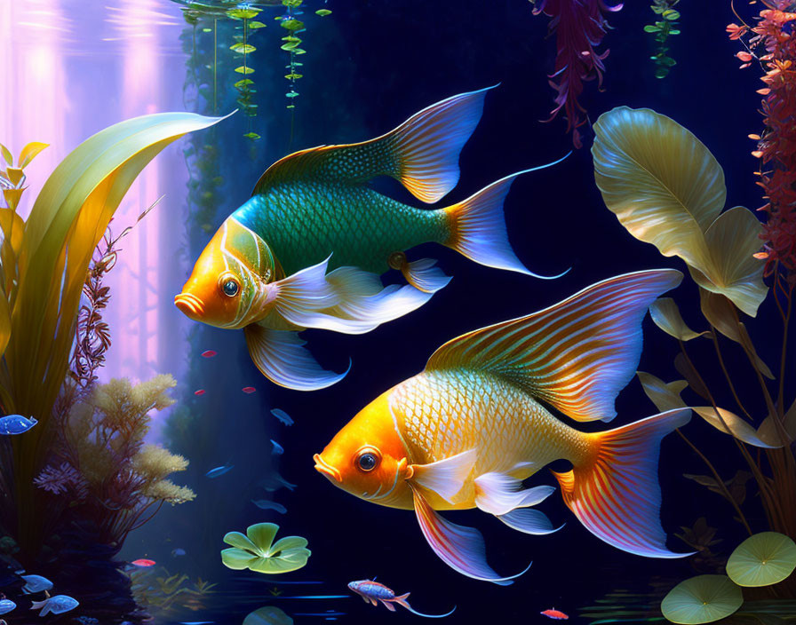 Colorful underwater scene with vibrant goldfish and plants