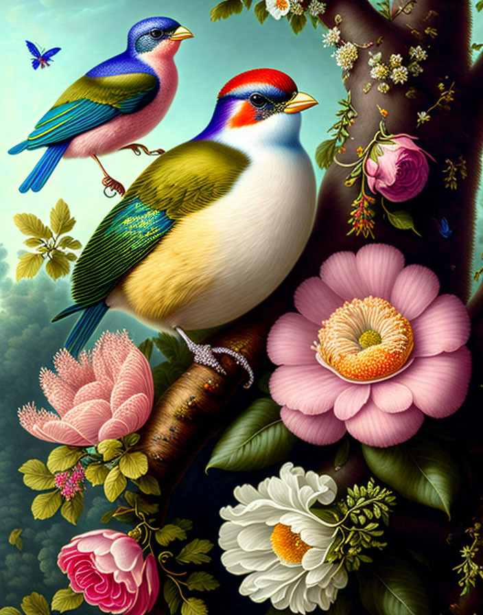 Colorful Birds on Branches with Vibrant Flowers and Foliage