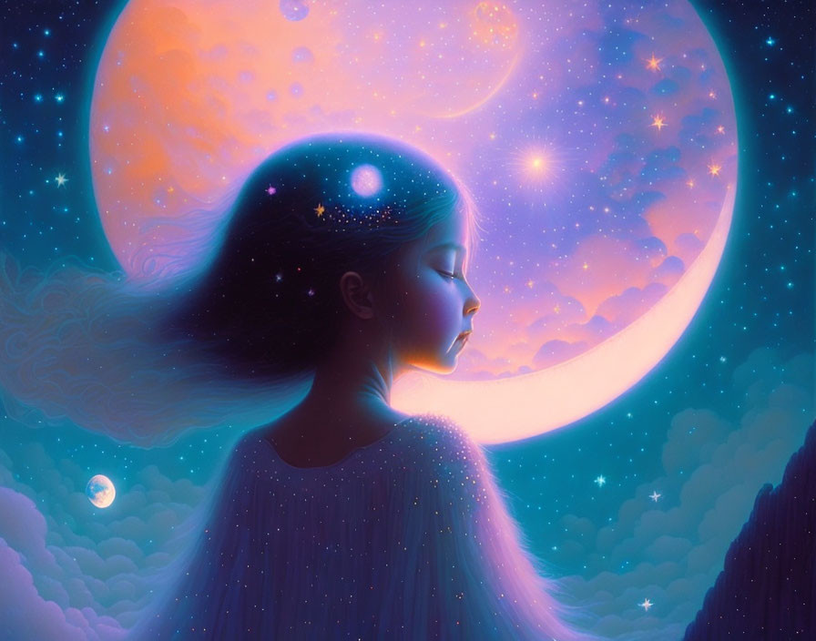 Illustration of girl with cosmic hair under moon and stars