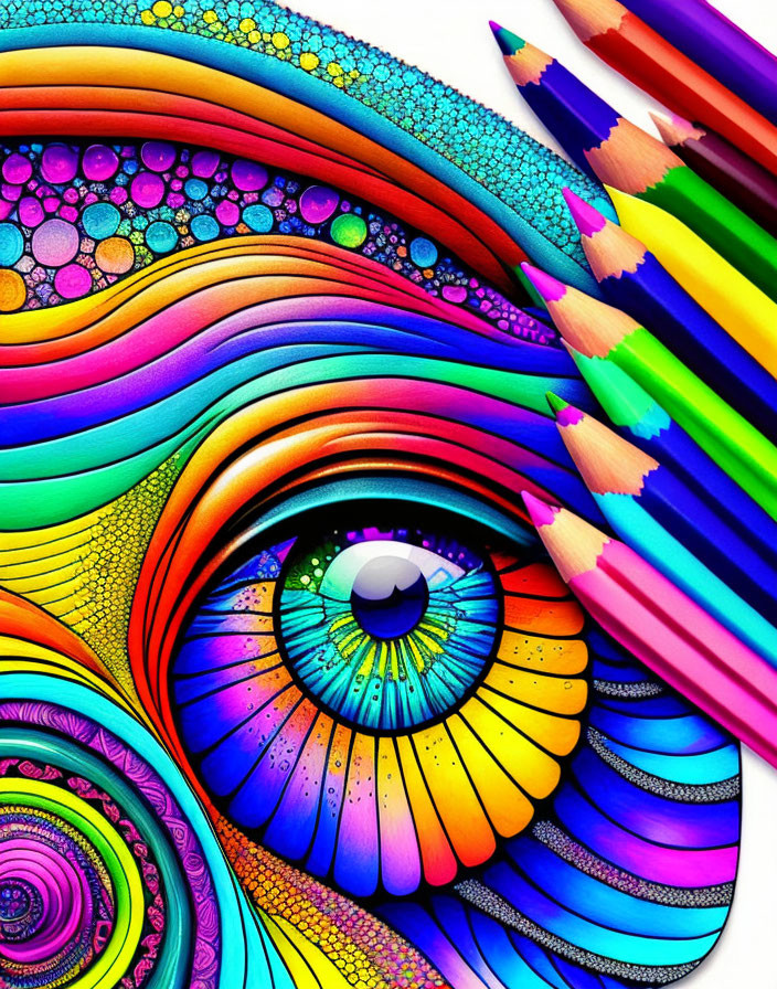 Colorful eye artwork with intricate patterns and swirls next to colored pencils