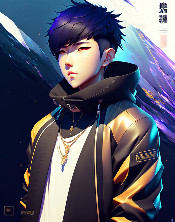 Young person with dark hair and neon accents in modern jacket against dynamic abstract background