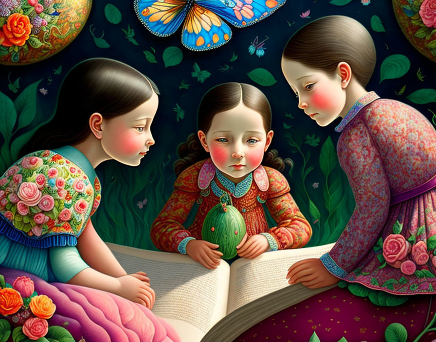 Illustrated girls reading large book in vibrant floral setting