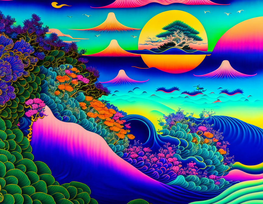 Colorful Psychedelic Landscape with Multiple Suns and Floating Mountains