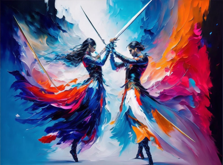 Abstract Sword Duel Artwork in Blue, Red, and White Colors