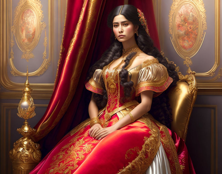 Regal woman in gold-accented period dress on throne with ornate background