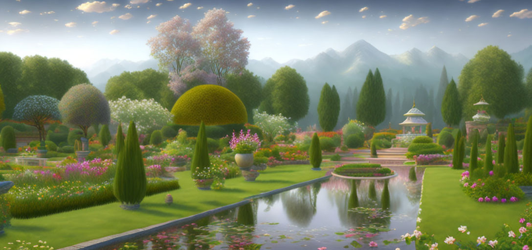 Tranquil animated landscape with gardens, pond, and mountains