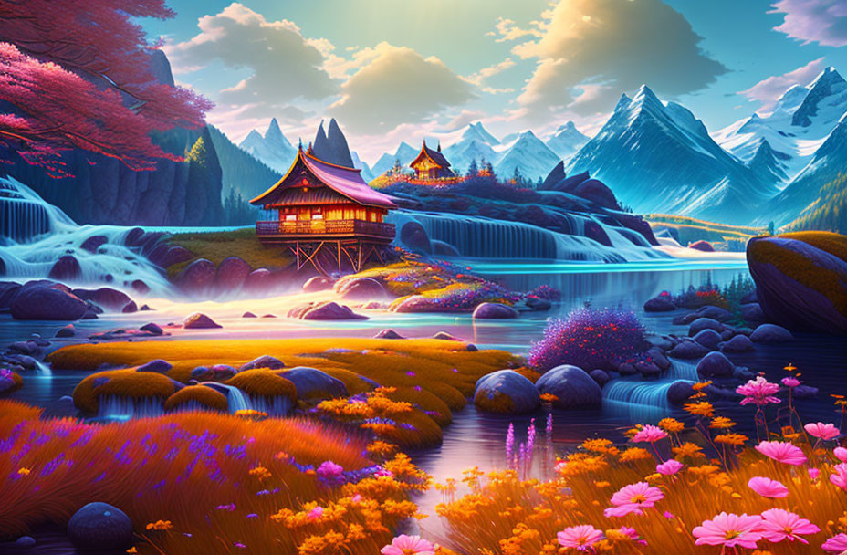 Colorful pagoda near waterfalls, vibrant flora, snow-capped mountains