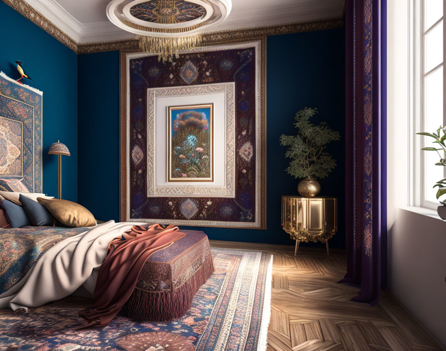 Sophisticated bedroom with deep blue walls, ornate decor, large bed, framed artwork, plush