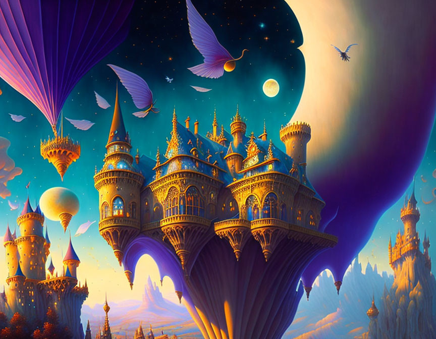 Fantastical castle on floating island with hot air balloons and twilight sky