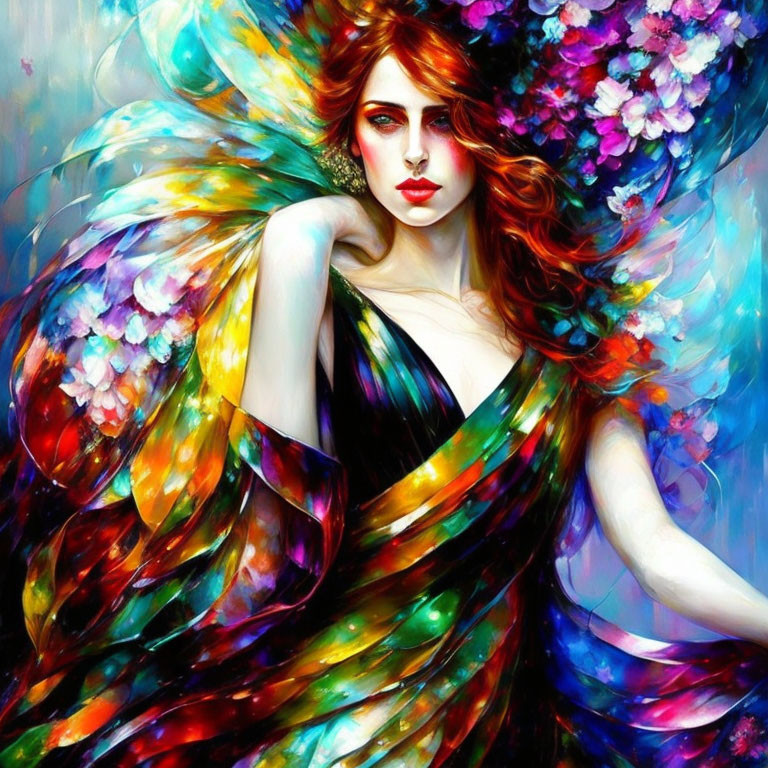 Colorful artwork: Woman with red hair and butterfly wings