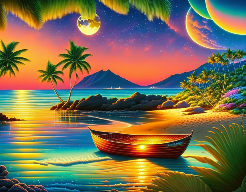 Tropical beach sunset scene with boat, palm trees, flowers, mountains, and multiple moons.