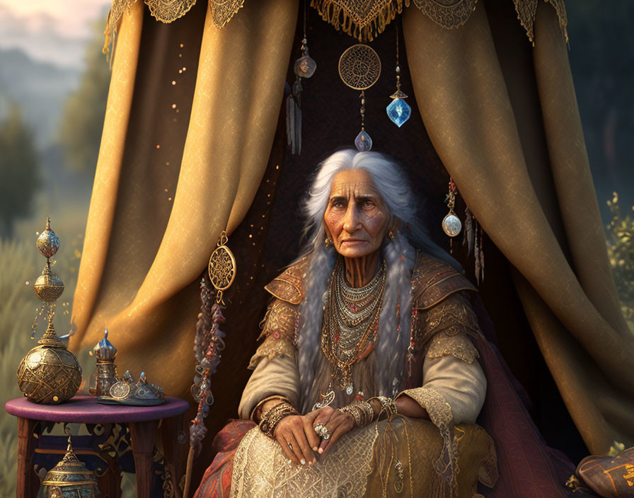 Elderly woman in traditional attire surrounded by luxurious decor and golden jewelry