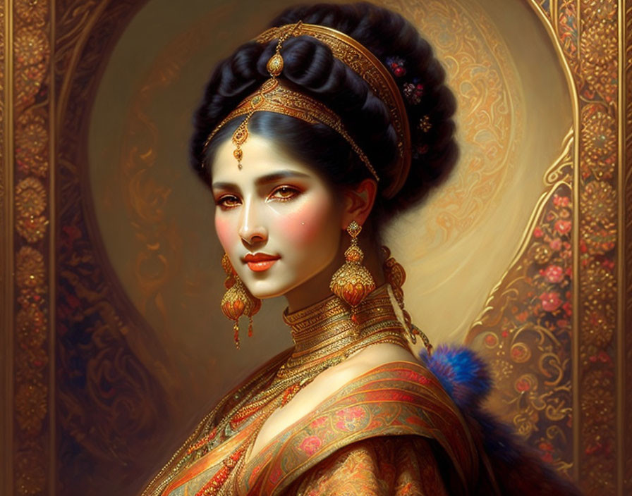 Traditional Attire Portrait with Elaborate Jewelry and Golden Backdrop