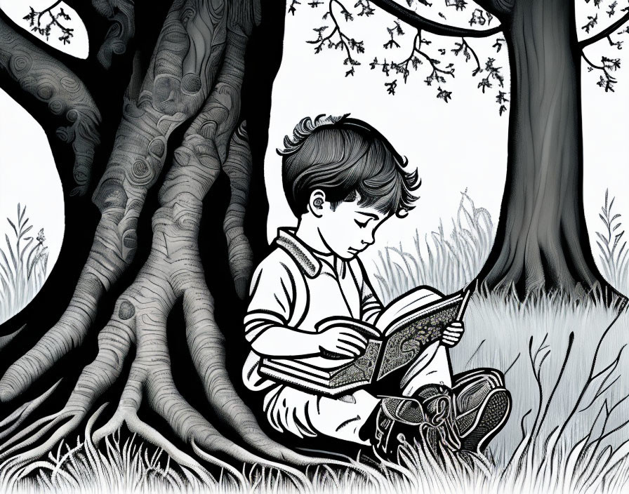 Monochrome illustration of child reading under large tree