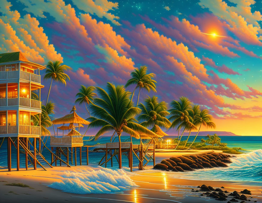 Tropical beach scene with stilted house, palm trees, sunset sky