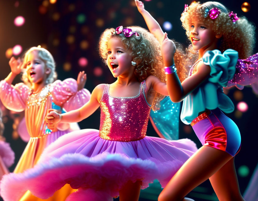 Three girls in sparkly costumes perform on stage with colorful lights