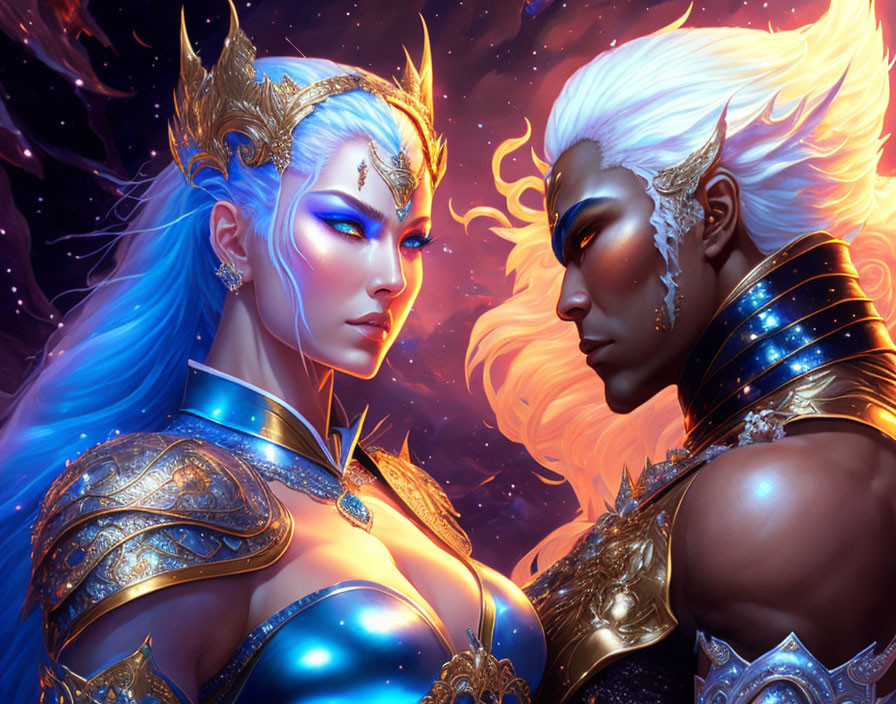 Fantasy characters in elaborate armor and markings against cosmic backdrop