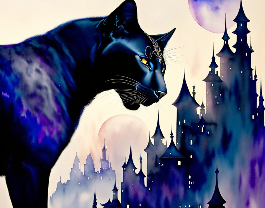 Artistic Black Cat with Yellow Eyes in Fantasy Castle Setting