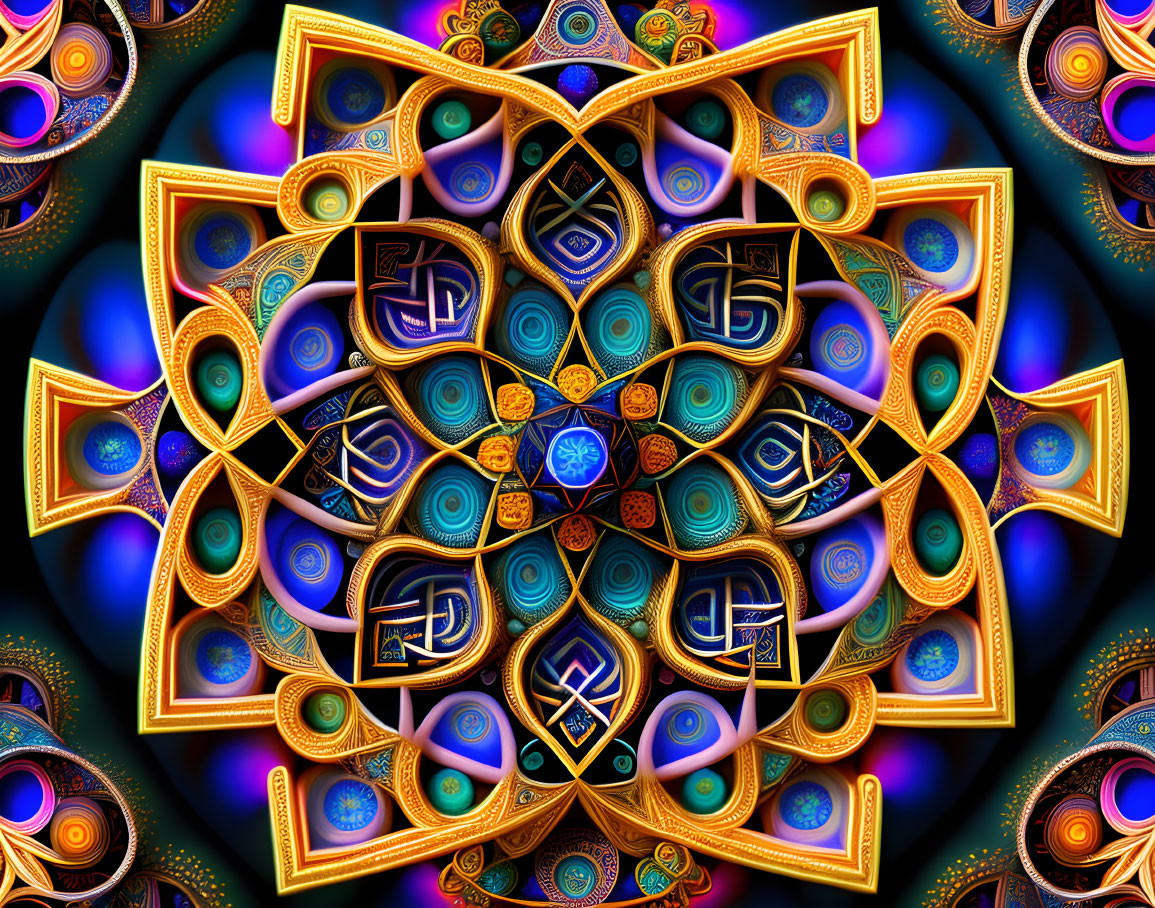 Detailed Fractal Art: Vibrant Blues & Golds, Symmetrical Abstract Mandala