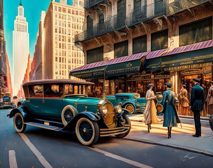 1920s urban street scene with vintage cars and elegantly dressed people.