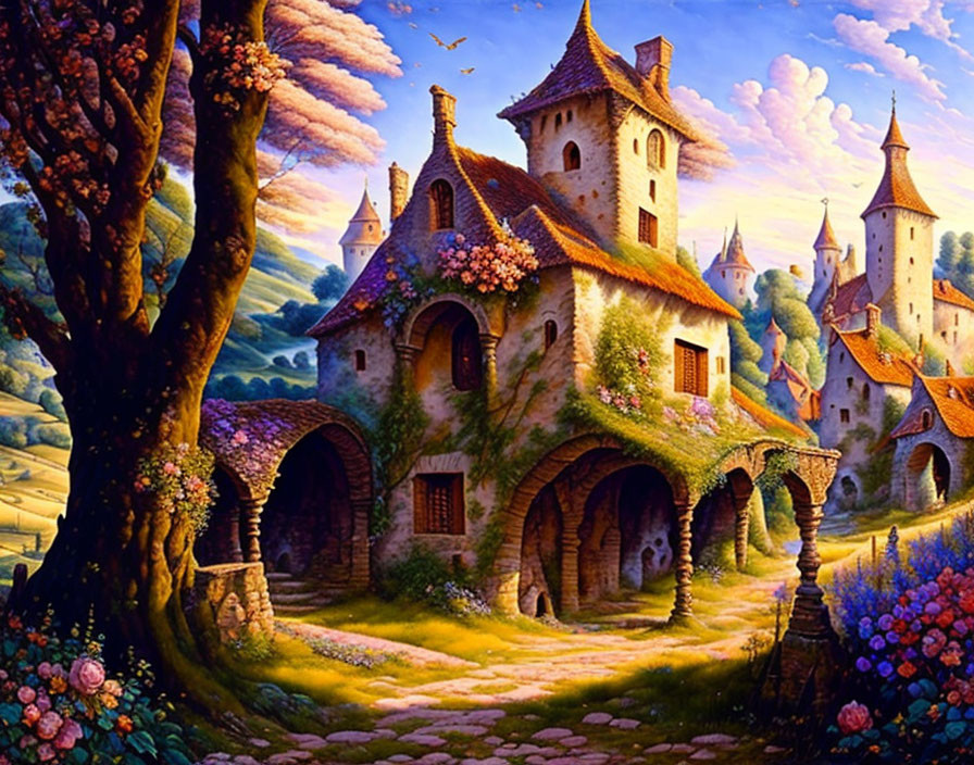 Vibrant fairy-tale landscape with colorful clouds, stone cottages, gardens, and distant cast