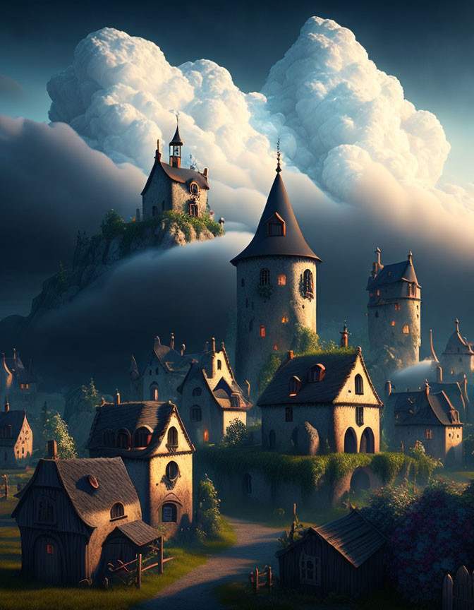 Whimsical village with fairytale cottages, towers, and castles under dramatic sky