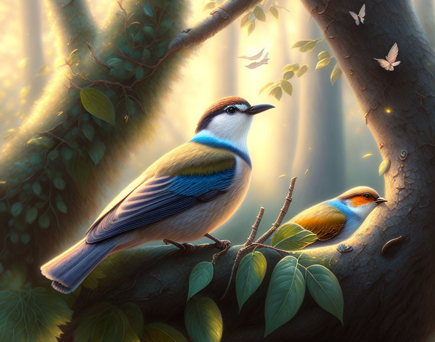 Colorful Birds on Tree Branch with Sunlight and Butterflies in Forest Setting