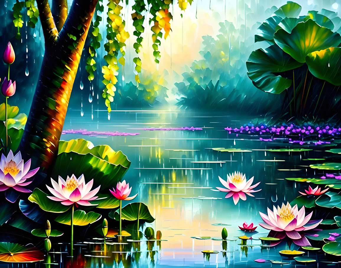 Serene pond with blooming lotus flowers and lush foliage