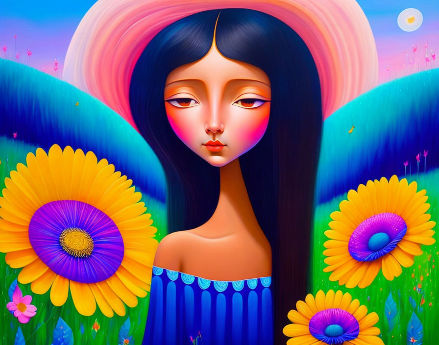 Vibrant female figure with expressive eyes in colorful floral scene