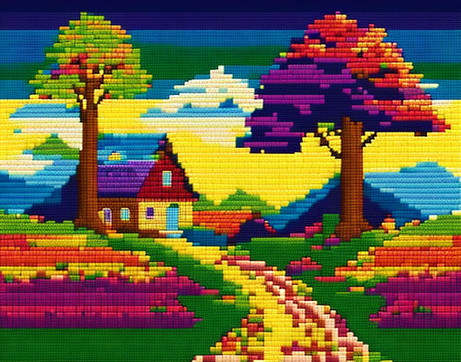 Vibrant Pixelated Landscape with House, Trees, and Sunset Sky