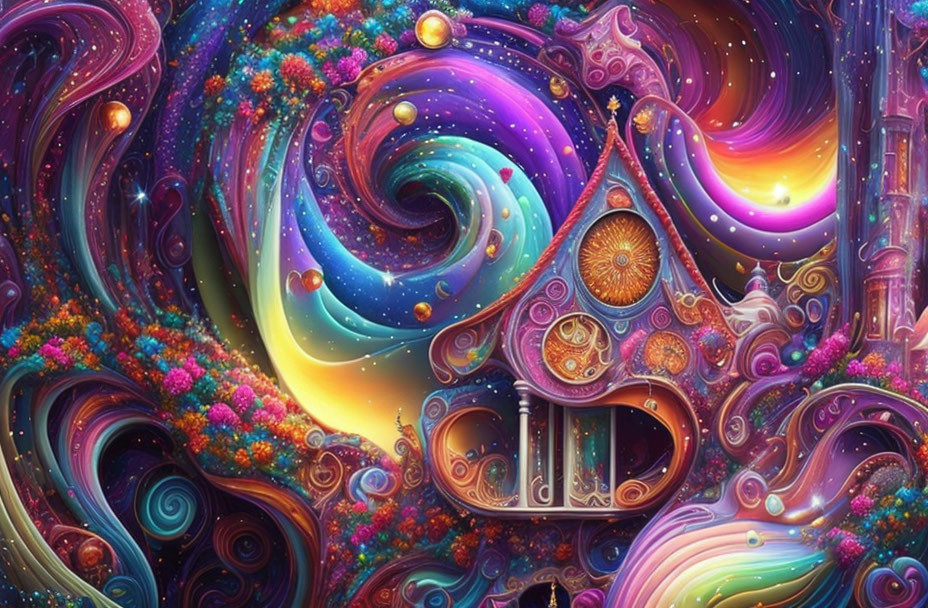 Colorful Psychedelic Digital Artwork with Swirling Patterns and Cosmic Theme