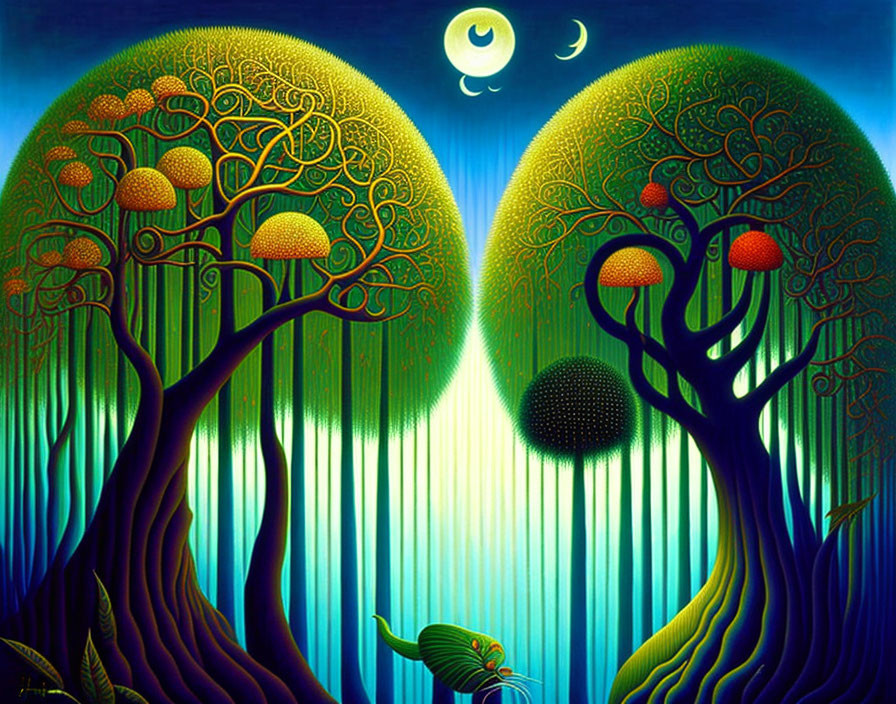 Artwork featuring intertwined trees, golden leaves, red fruits, crescent moon, stars, and le