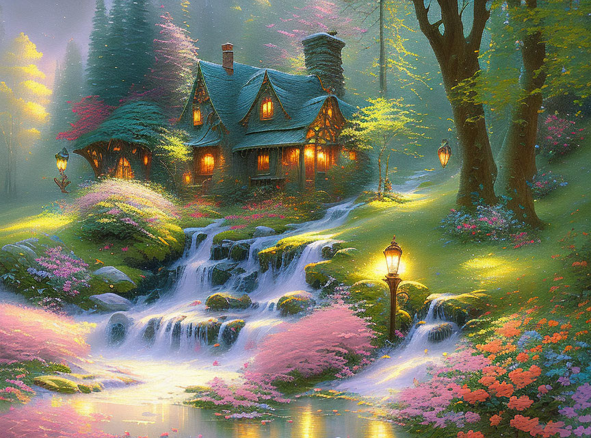 Cozy cottage near waterfall in forest with colorful flowers and glowing lights at twilight