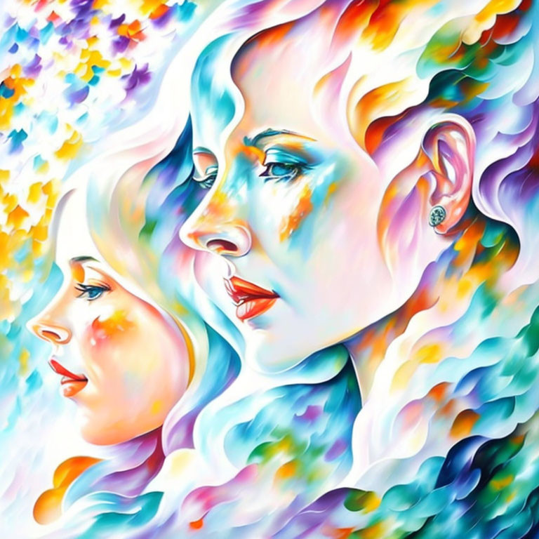 Vibrant surreal artwork: two women's profiles with flowing colors in fiery water-air blend