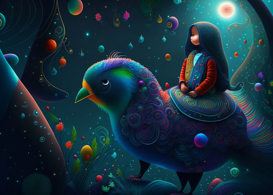 Colorful girl in red hood rides patterned bird in surreal landscape