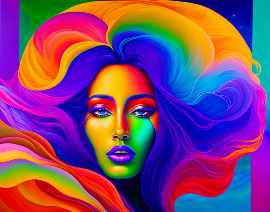 Colorful digital artwork: Woman with flowing multicolored hair and striking facial features.