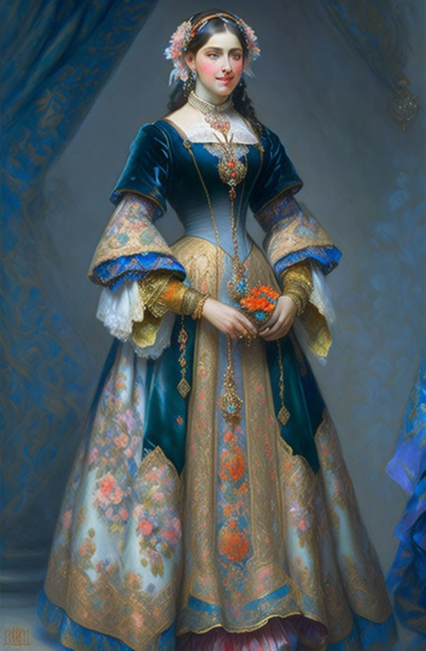 Renaissance woman in floral-patterned dress with puffed sleeves