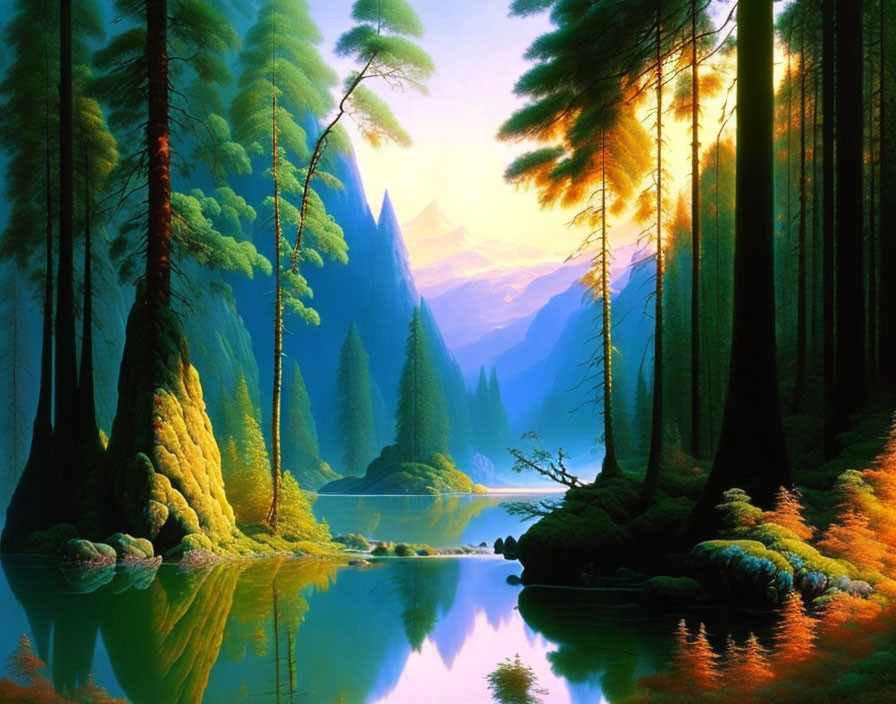 Tranquil lake landscape with pine trees, rocks, greenery, and sunrise