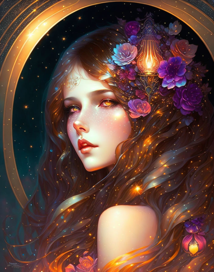 Illustration of woman with flowing hair and floral adornments in starry aura