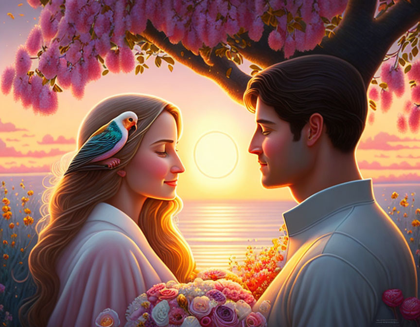 Romantic couple under blossoming tree at sunset with parakeet and flowers