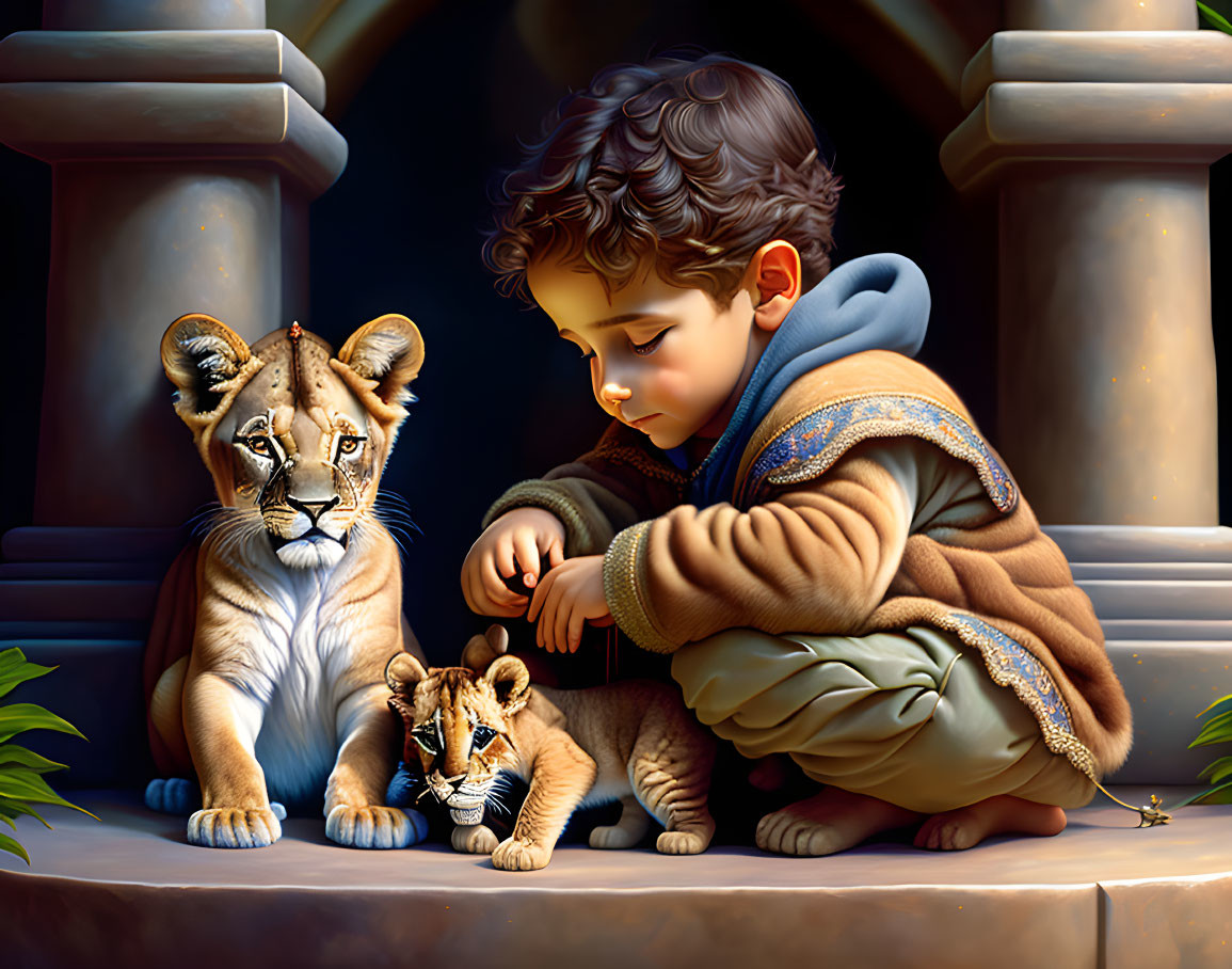 Child in warm jacket with lion cub and lioness against architectural backdrop