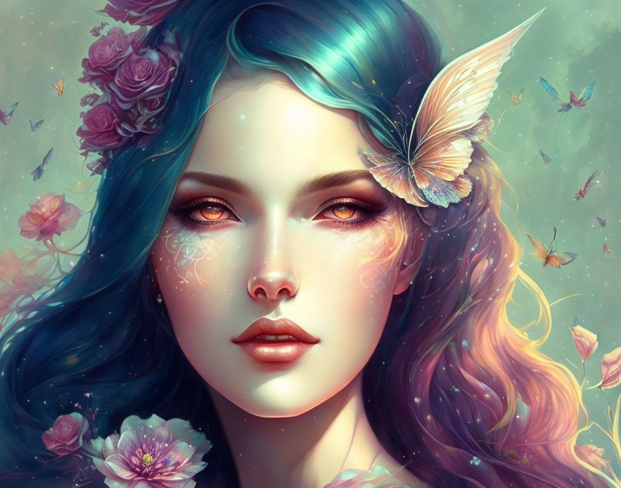 Digital Artwork: Woman with Blue Wavy Hair, Flowers, and Butterfly