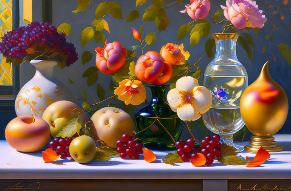 Colorful still-life painting with fruits, flowers, vases, and petals