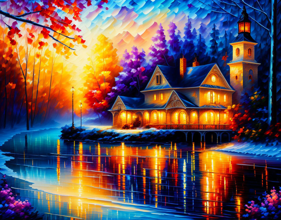 Colorful Autumn Lakeside House Painting at Dusk